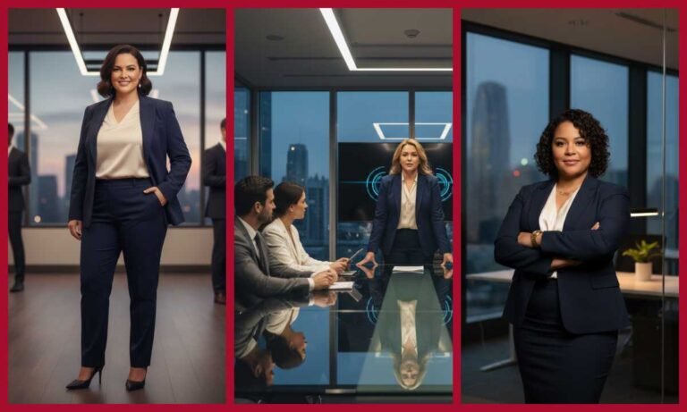 Top 35 Prompts: From Office Desk to Leadership Goals – The Journey of a Confident Curvy Woman